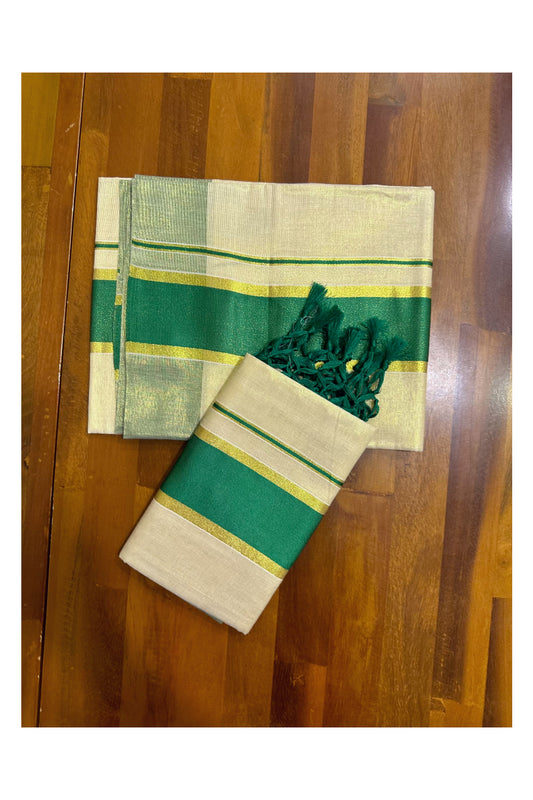 Kerala Tissue Kasavu Set Mundu (Mundum Neriyathum) with Green Border Tassels on Pallu 2.50 Mtrs (Vishu 2024 Collection)