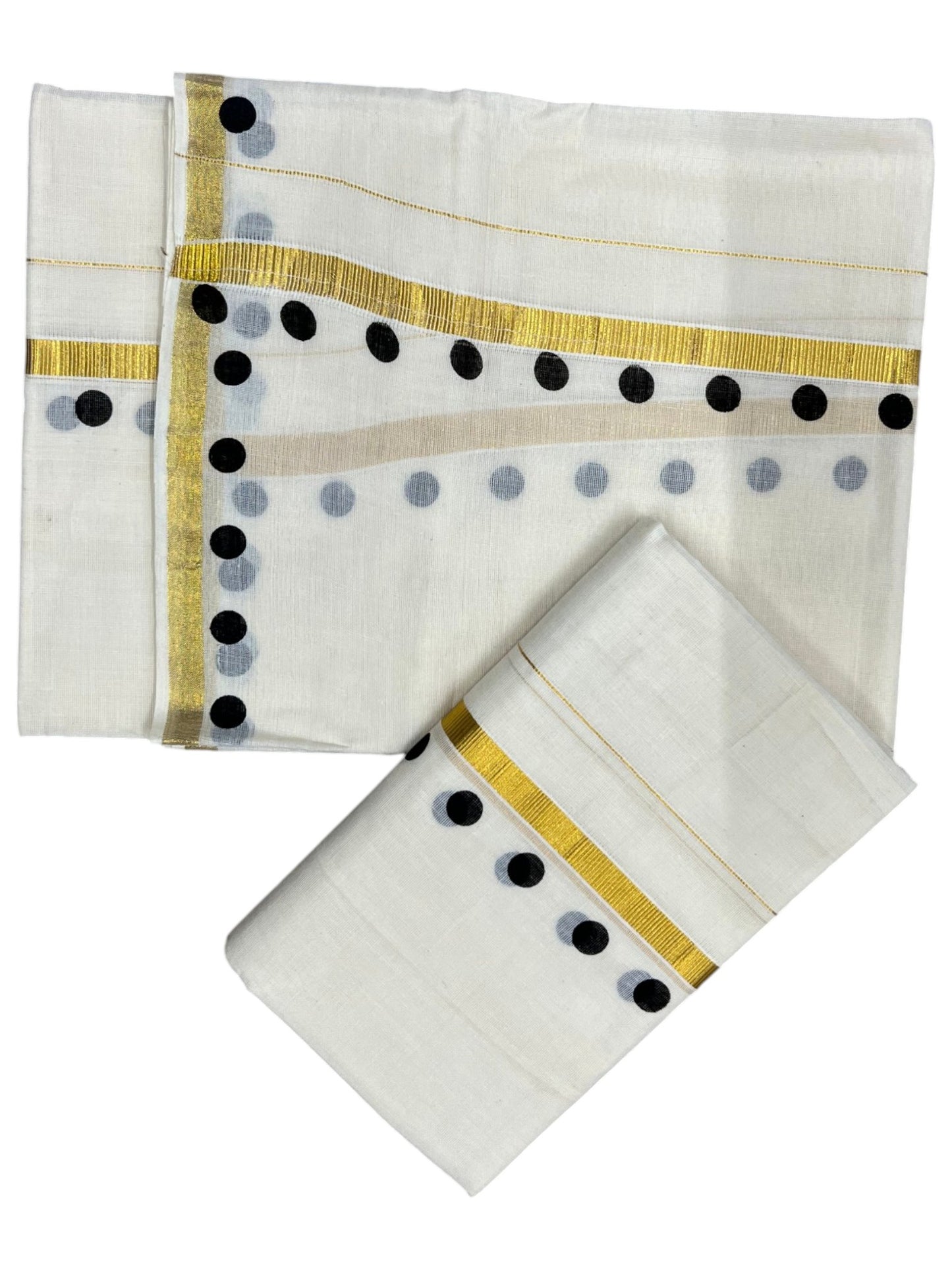 Southloom Pure Cotton Kerala Single Set Mundu (Mundum Neriyathum) with Polka Dots in Black 2.80 Mtrs