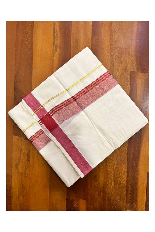 Off White Kerala Cotton Double Mundu with Kasavu and Maroon Border (South Indian Kerala Dhoti)