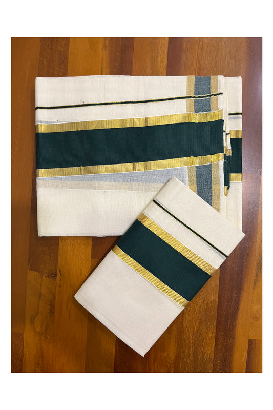 Kerala Cotton Set Mundu (Mundum Neriyathum) with Dark Green and Kasavu Border 2.80 Mtrs