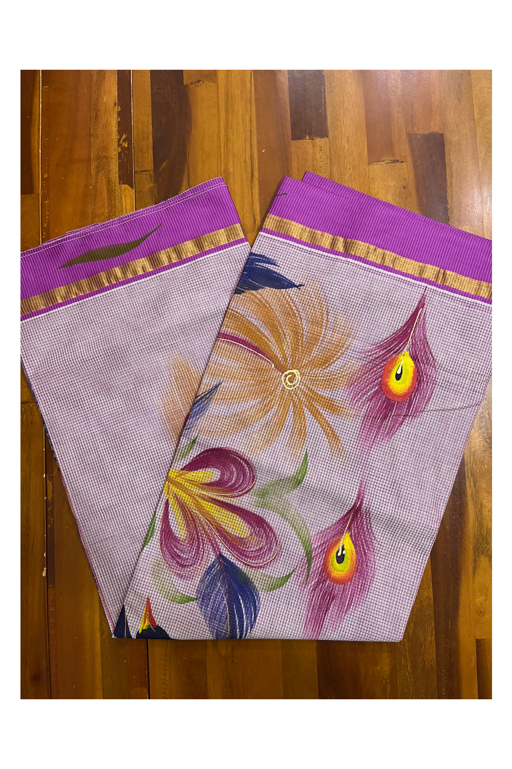 Kerala Cotton Kasavu Saree with Brush Painted Floral Designs and Magenta Border