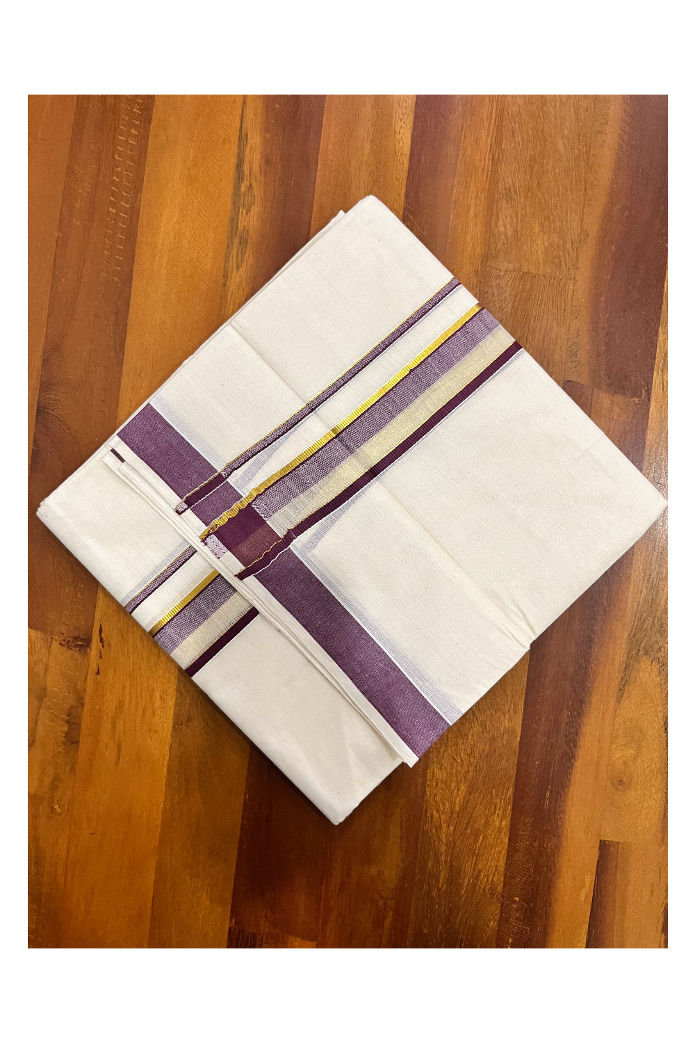 Kerala Pure Cotton Double Mundu with Purple and Kasavu Border (South Indian Kerala Dhoti)