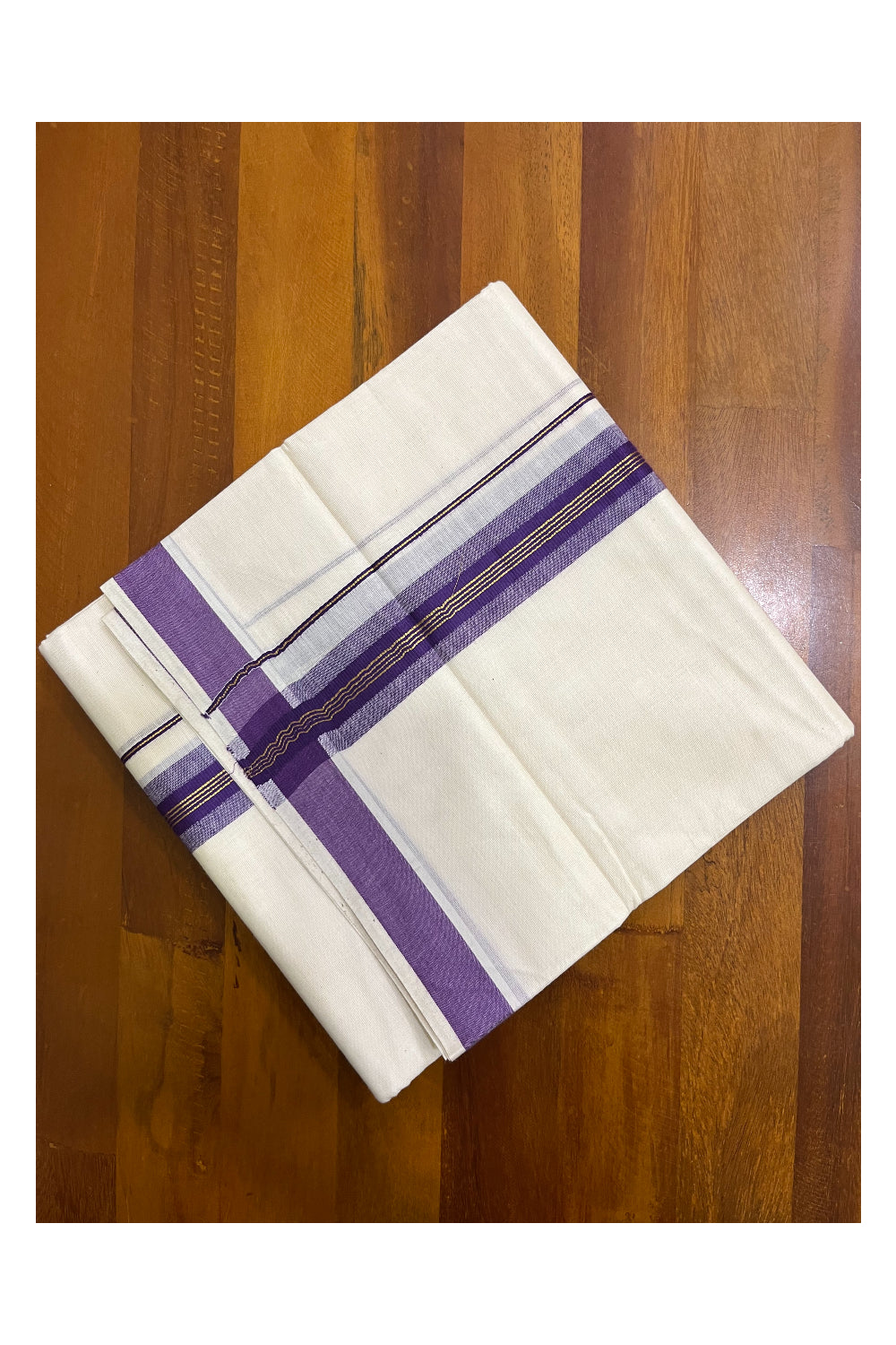 Kerala Pure Cotton Double Mundu with Kasavu and Violet Border (South Indian Kerala Dhoti)