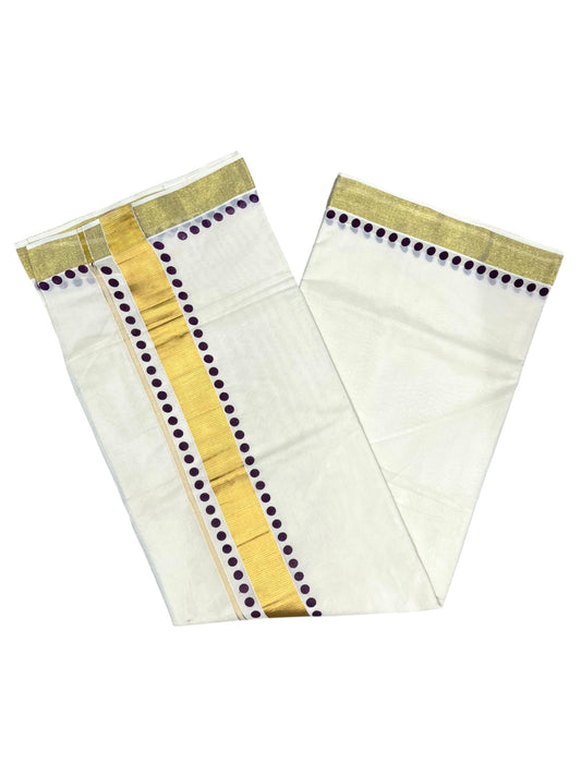 Southloom Cotton Kerala Kasavu Saree with Purple Polk Dots Design Border