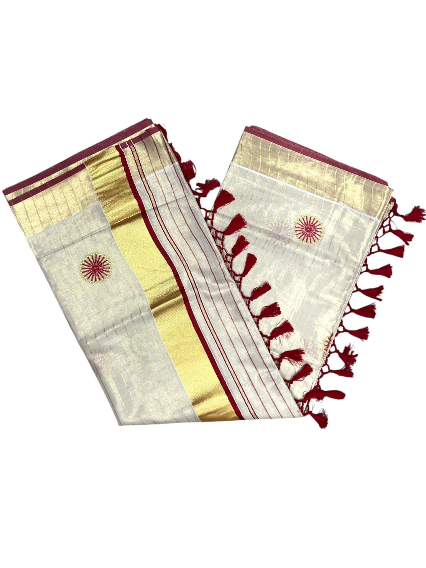 Southloom Kerala Tissue Kasavu Lines Saree with Embroidery Work on Body in Red