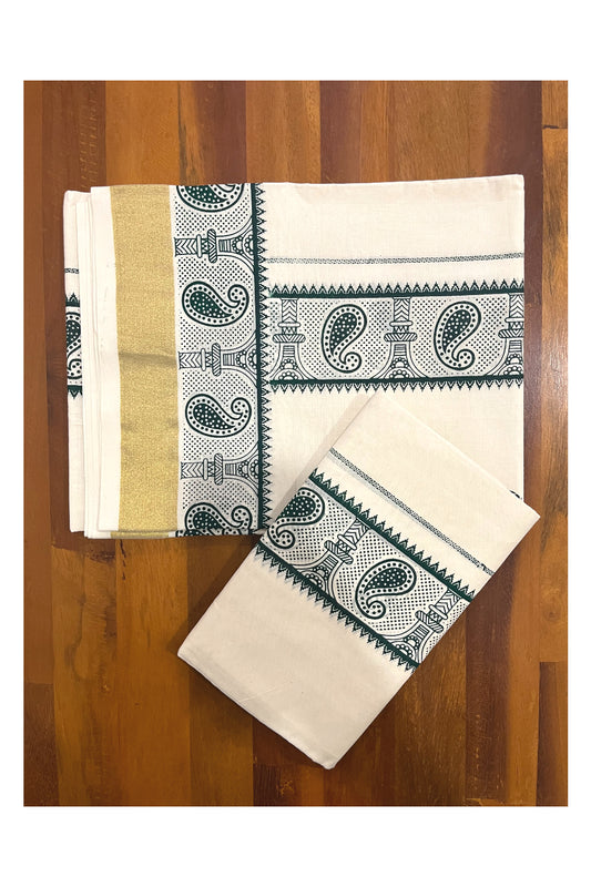 Cotton Kerala Single Set Mundu with Green Paisley Block Prints on Border