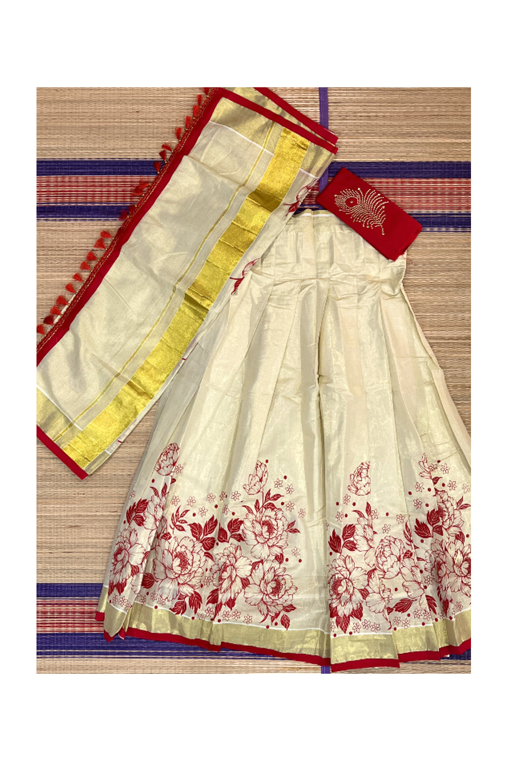 Semi Stitched Dhavani Set with Tissue Block Print Design Pavada and Dark Orange Bead Work Blouse Piece