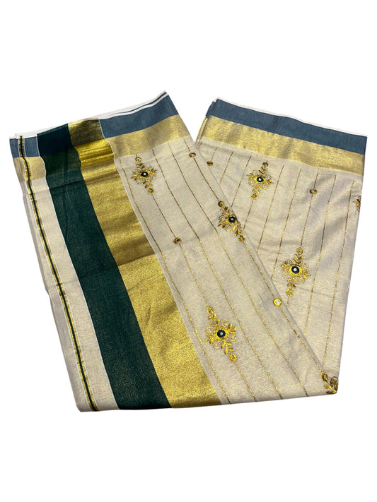 Kerala Tissue Kasavu Lines Saree with Golden And Green Embroidery Works