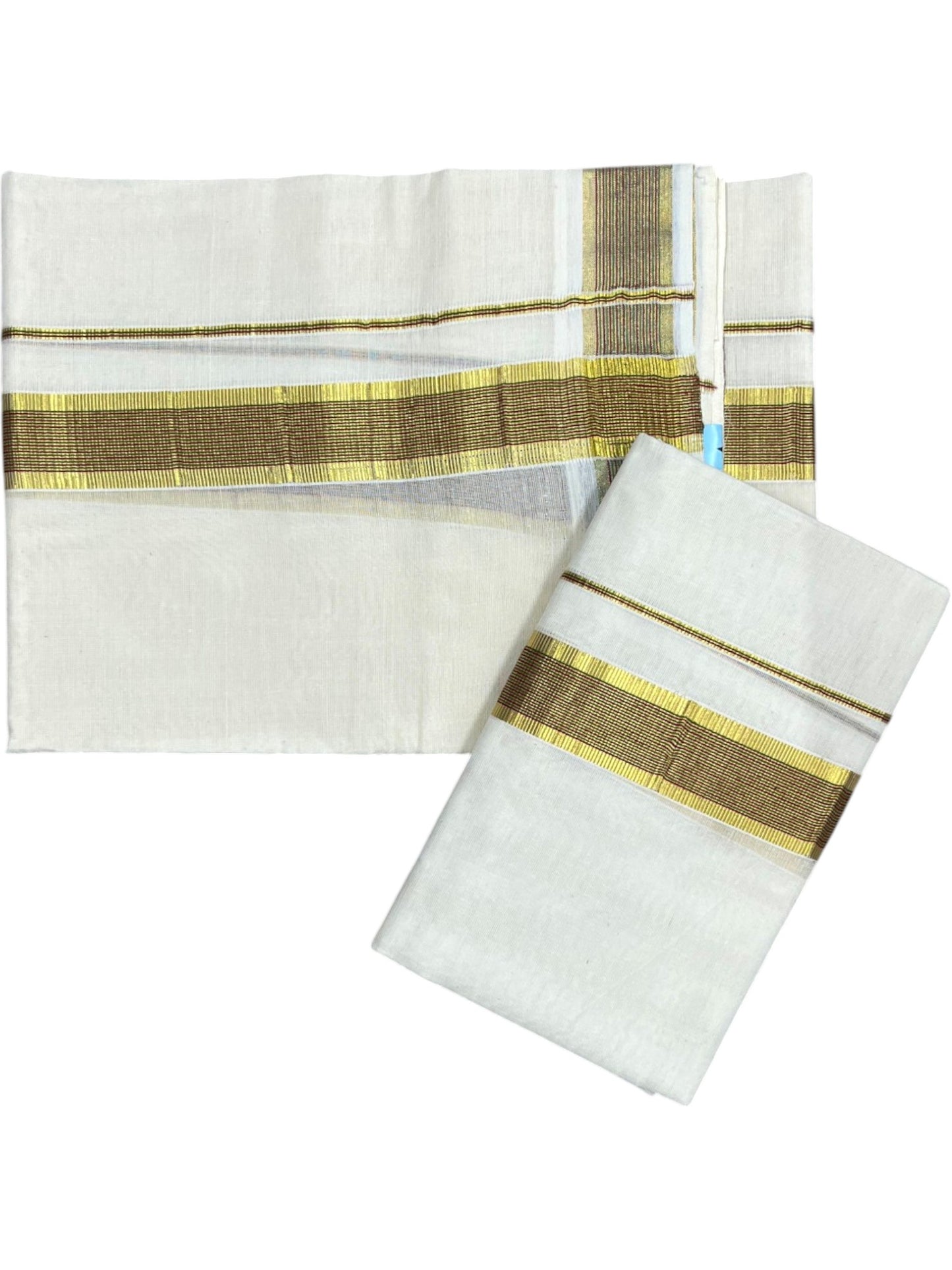 Kerala Cotton Set Mundu (Mundum Neriyathum) with Kasavu and Red & Olive Green Lines Border 2.80 Mtrs SLKK SL470