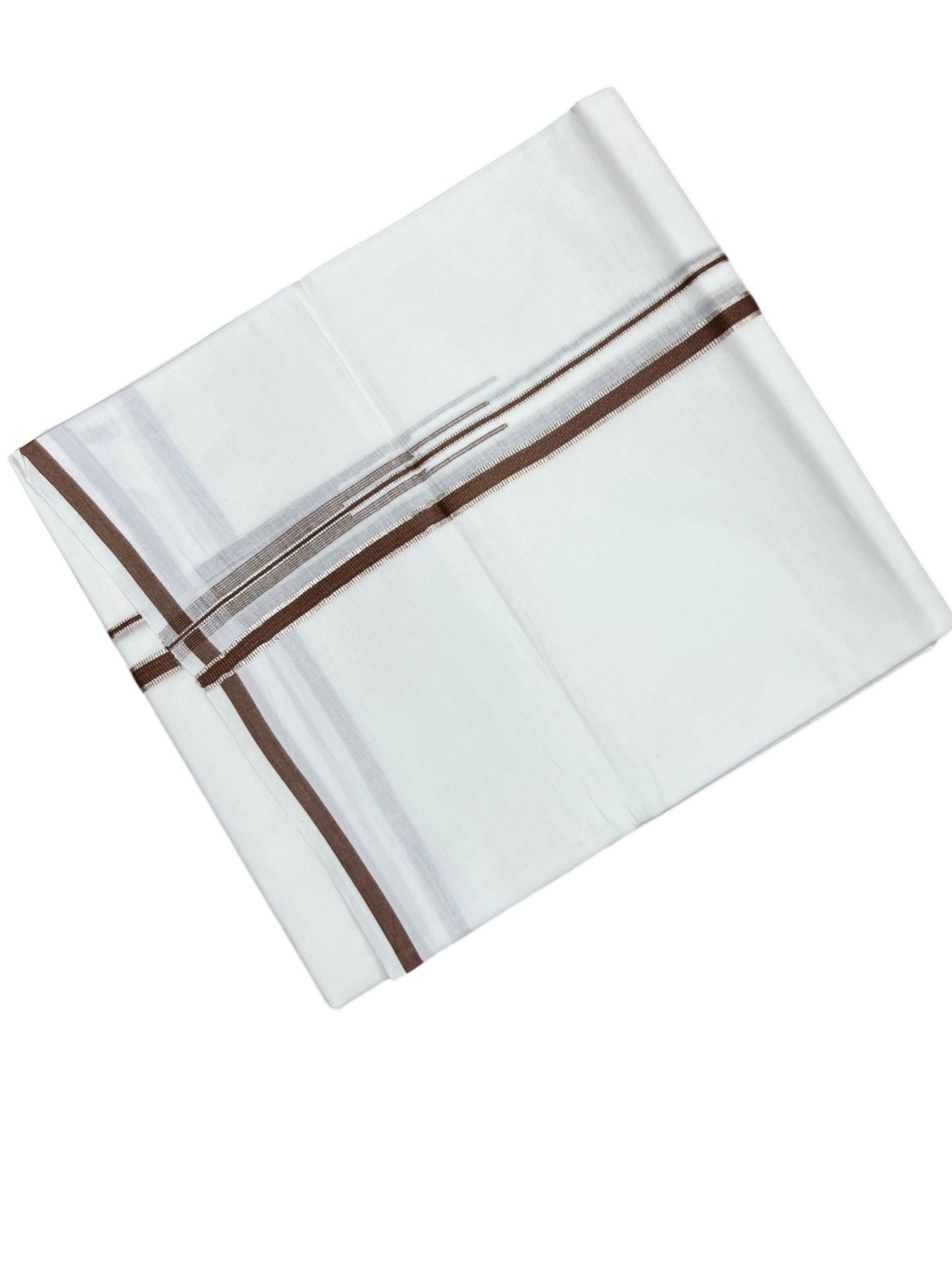 Southloom Pure White Cotton Double Mundu with Silver and Brown Border (South Indian Dhoti)