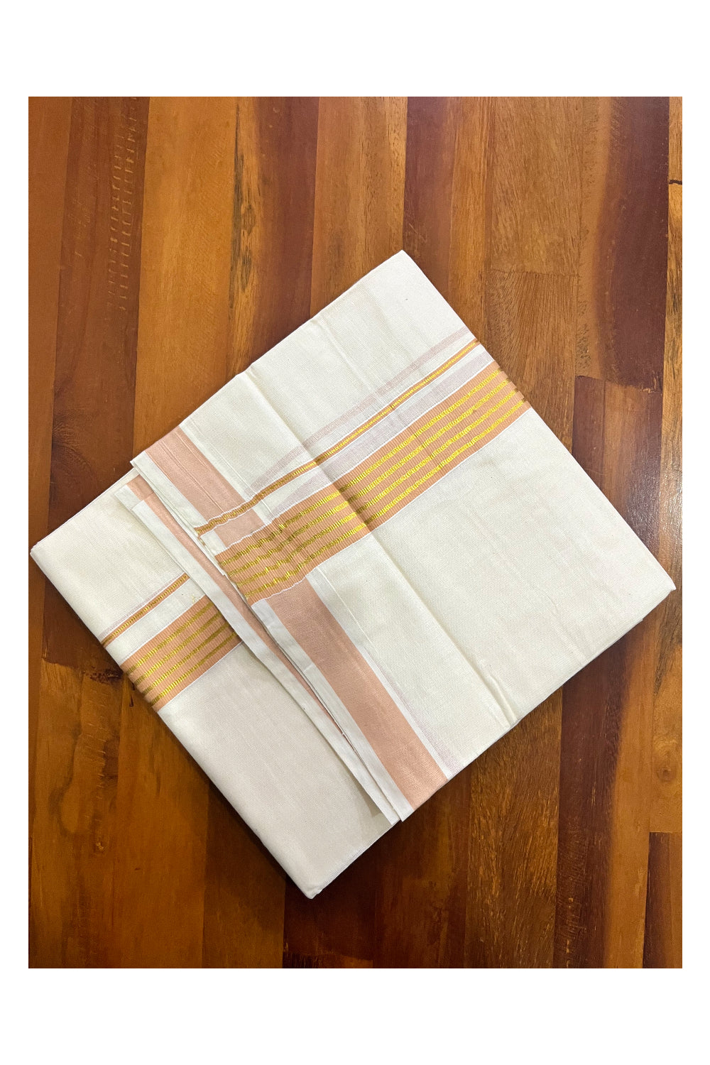 Off White Kerala Cotton Double Mundu with Kasavu and Beige Border (South Indian Kerala Dhoti)