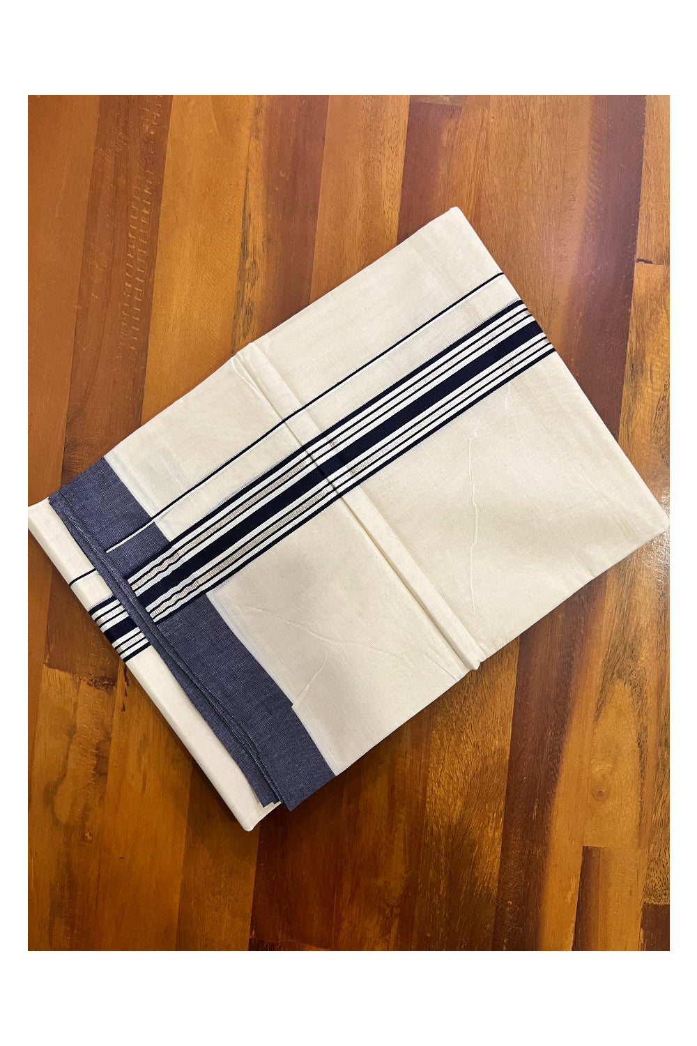 Kerala Pure Cotton Double Mundu with Silver Kasavu and Navy Blue Border (Vishu 2024 Collection)