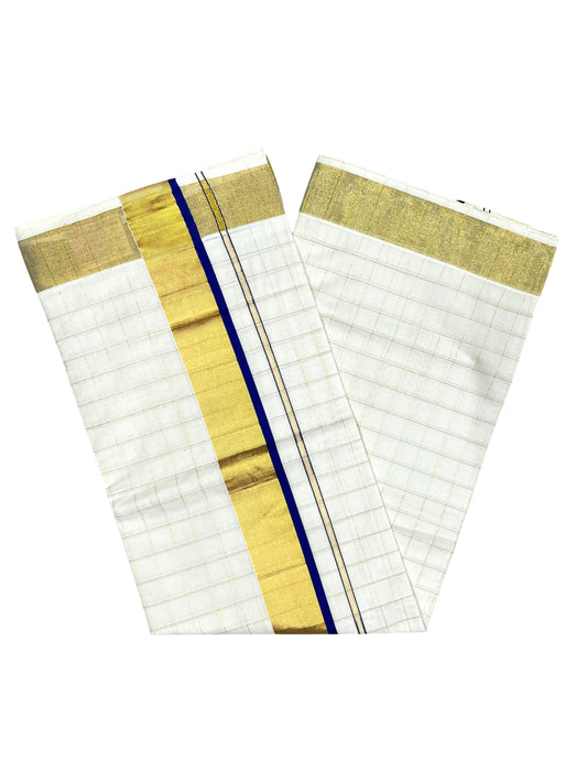 Southloom Pure Cotton  Kerala  Kasavu Woven Check Saree with Blue Border