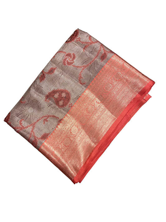 Southloom Tissue Silk Saree with Woven Work on Body and Borders (Peach & Grey)