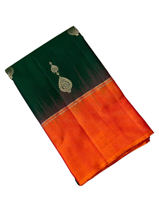 Southloom Pure Handloom Bridal Kanchipuram Silk Saree with Korvai Work (Orange & Green)