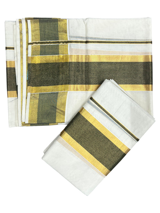 Southloom Pure Cotton Kerala Single Set Mundu (Mundum Neriyathum) with  Green and Kasavu Border 2.80 Mtrs SLKK