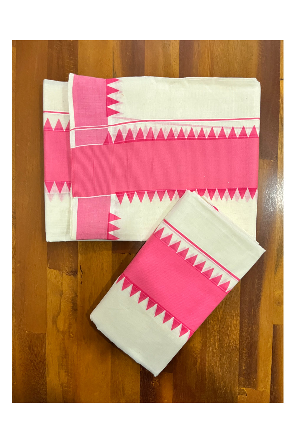 Kerala Pure Cotton Set Mundu Single (Mundum Neriyathum) with Pink Temple Border 2.80 Mtrs