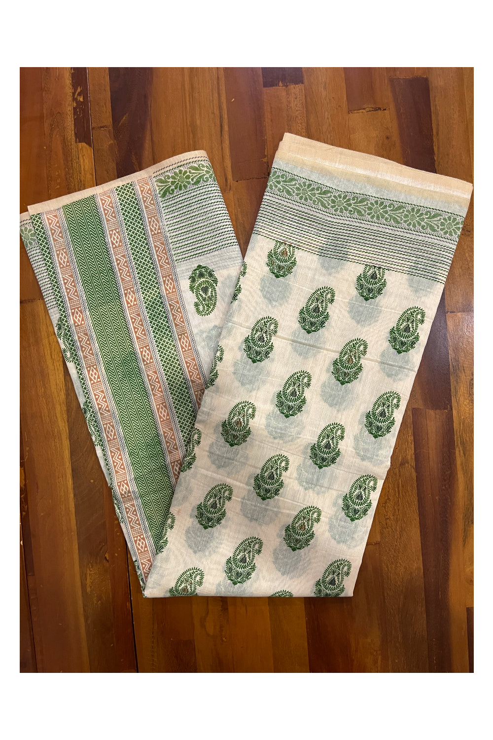 Southloom Cotton Light Brown Saree with Green Paisley Prints