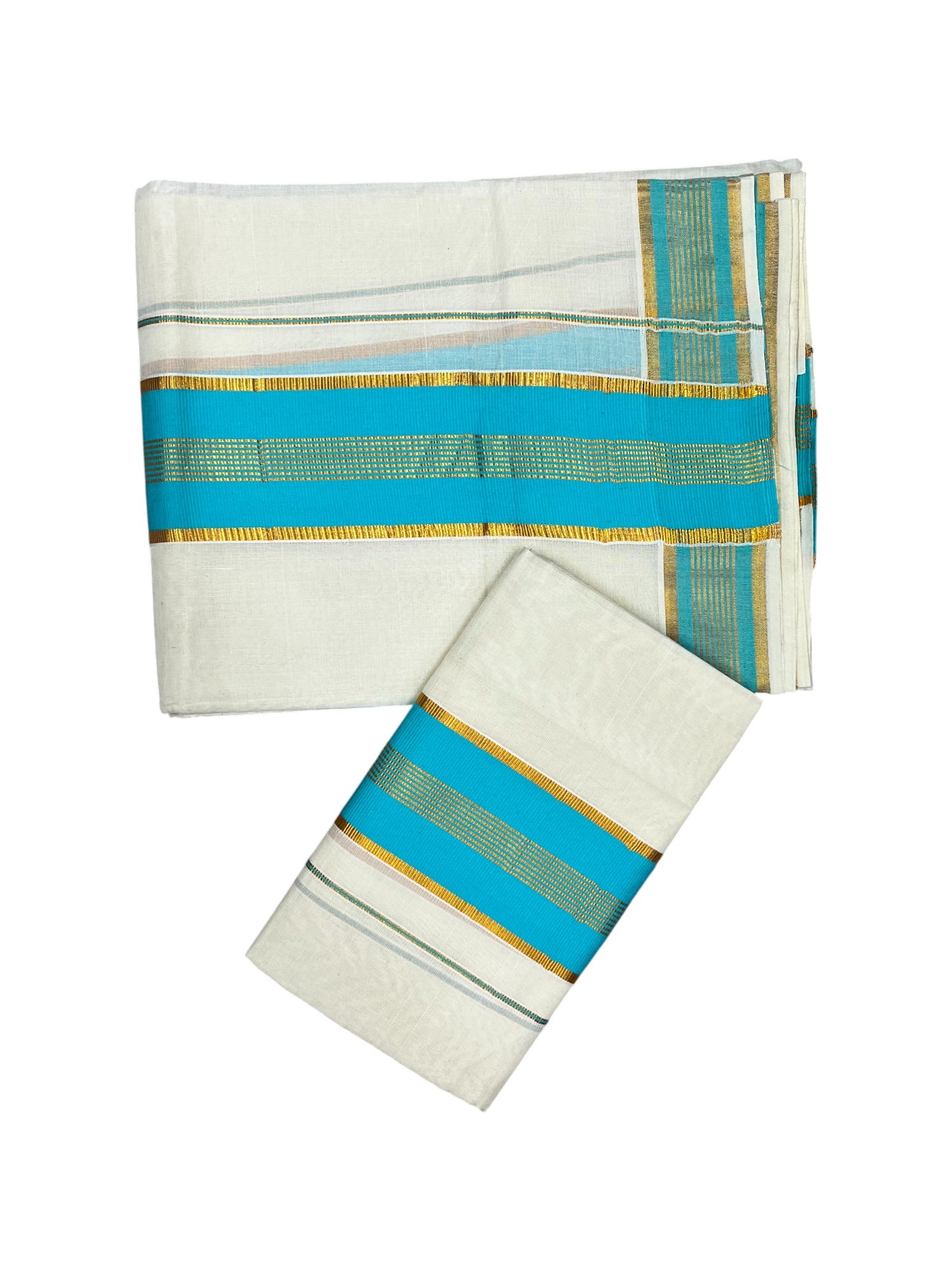 Kerala Cotton Single Set Mundu (Mundum Neriyathum) with Blue Kasavu Border in 2.80 Mtrs