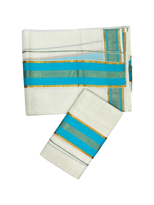 Kerala Cotton Single Set Mundu (Mundum Neriyathum) with Blue Kasavu Border in 2.80 Mtrs