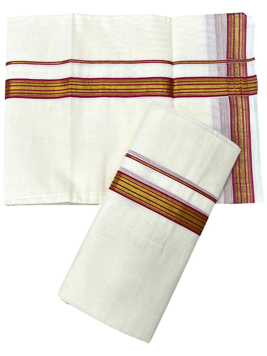 Southloom Pure Cotton Kerala Single Set Mundu (Mundum Neriyathum) with Magenta Kasavu Border in 2.80 Mtrs