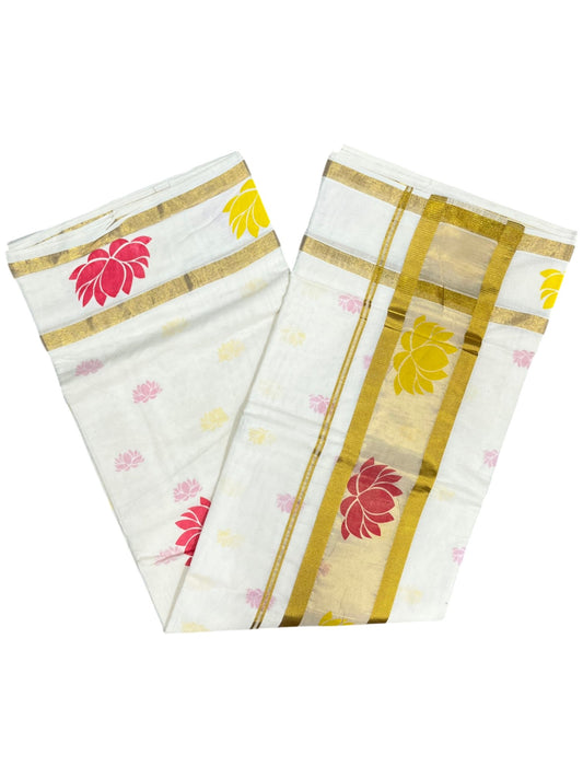 Southloom Cotton Kerala Kasavu Saree with Lotus Block Prints on Body and Border in Yellow and Pink
