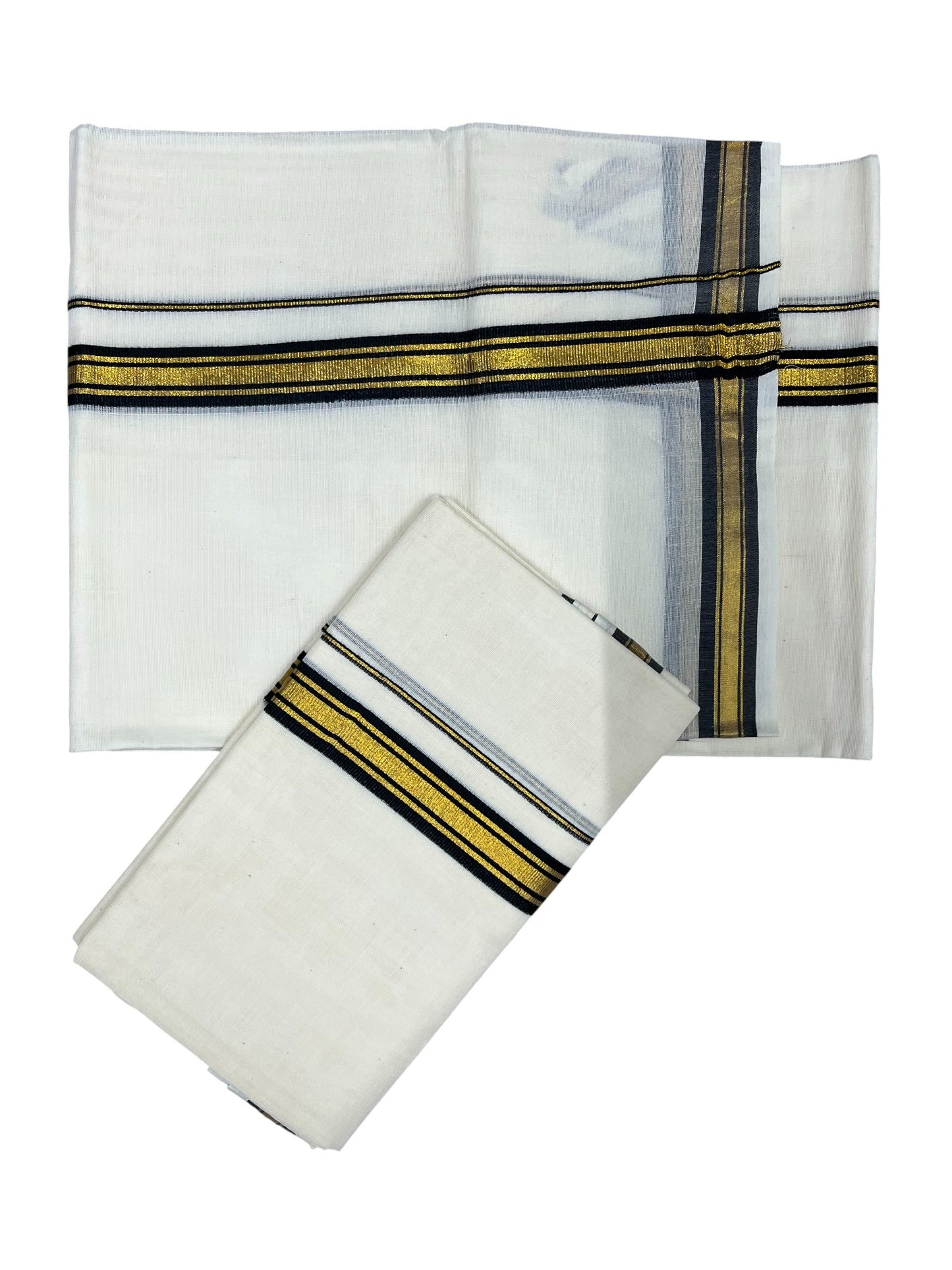 Pure Cotton Kerala Single Set Mundu (Mundum Neriyathum) with Black Kasavu Border in 2.80 Mtrs