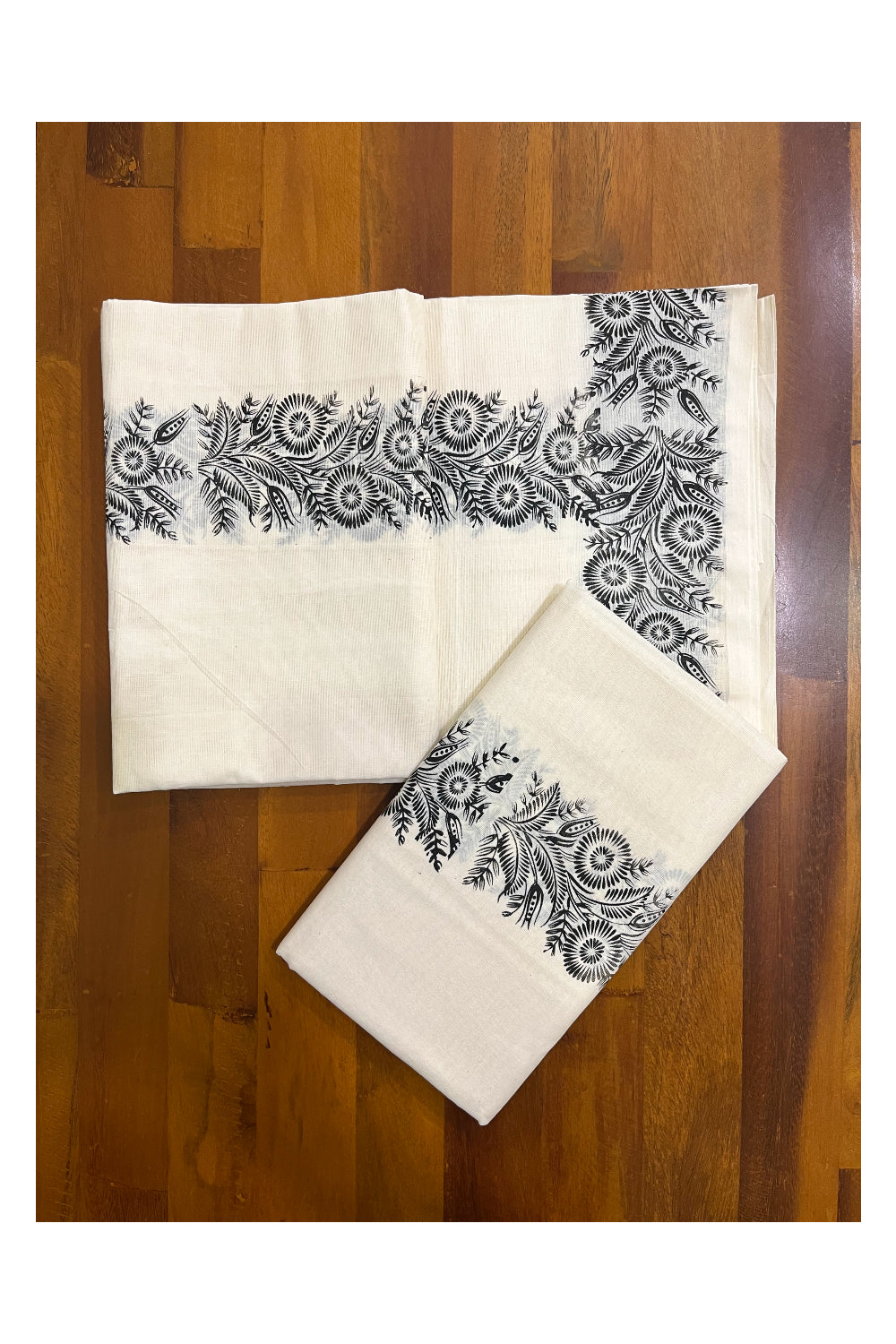 Kerala Pure Cotton Set Mundu Single (Mundum Neriyathum) with Black Block Printed Border