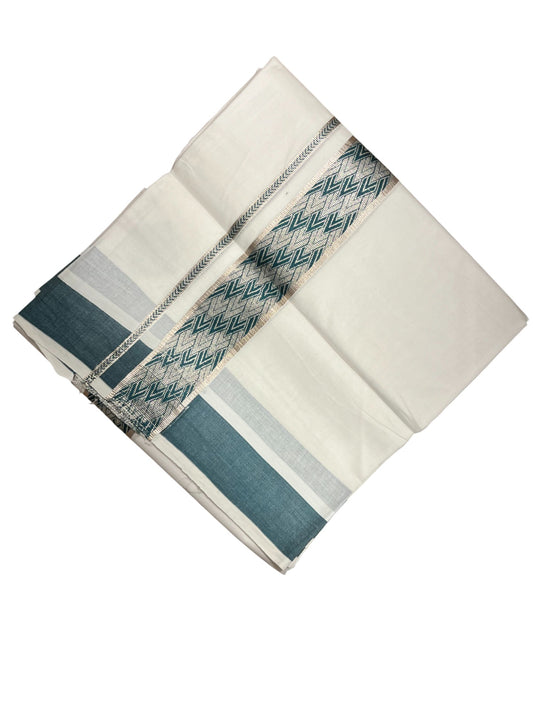 Southloom Kerala Pure White Cotton Double Mundu with Silver Lines & Green Border (South Indian Dhoti)
