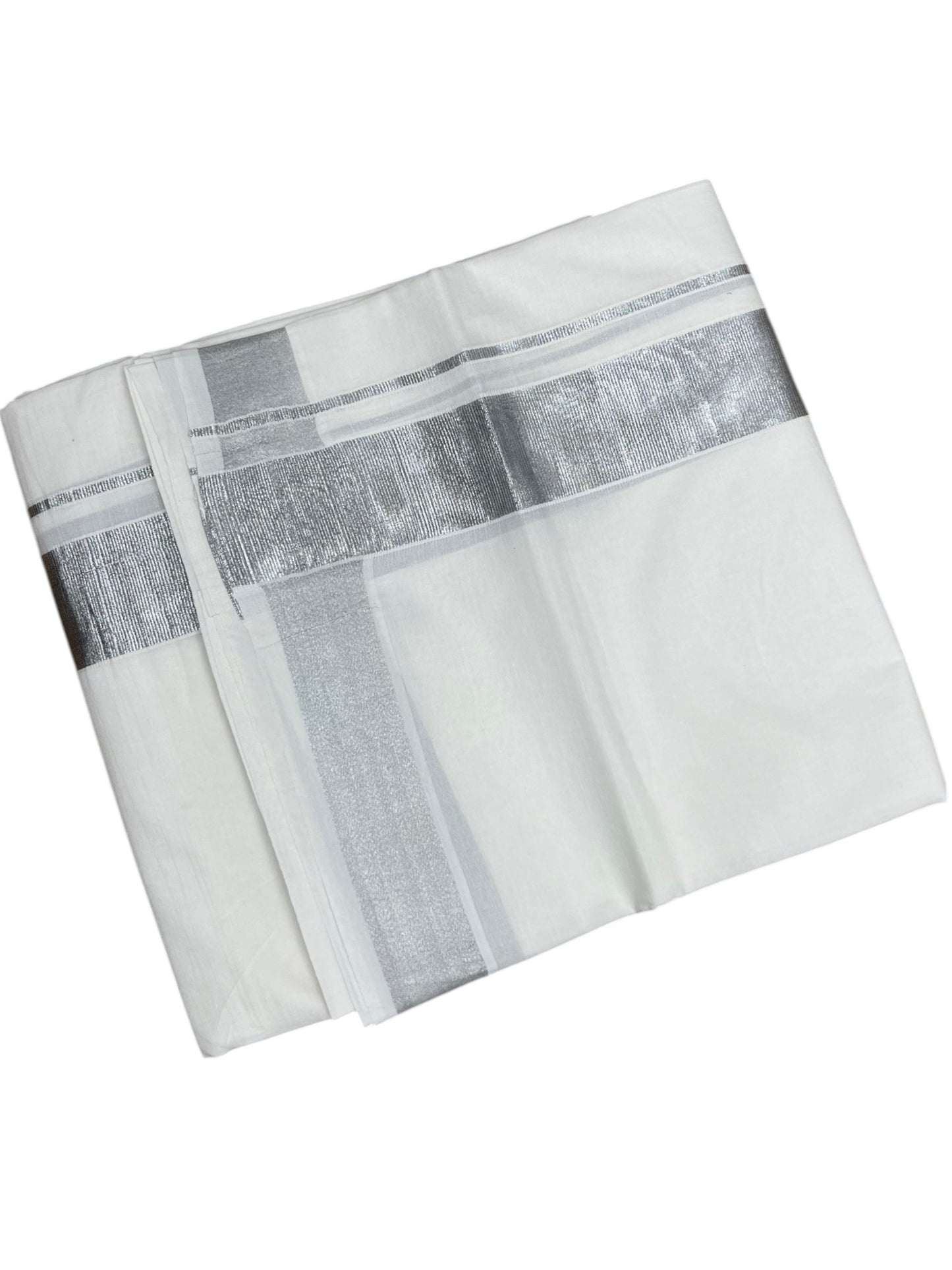Southloom Kerala Pure White Cotton Double Mundu with Silver Line Border (South Indian Dhoti)
