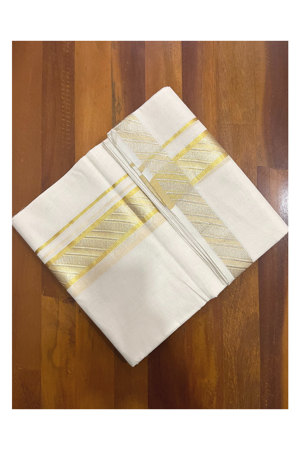 Southloom Premium Balaramapuram Wedding Handloom Mundu with Golden and Silver Kasavu Woven Design Border (South Indian Kerala Dhoti)