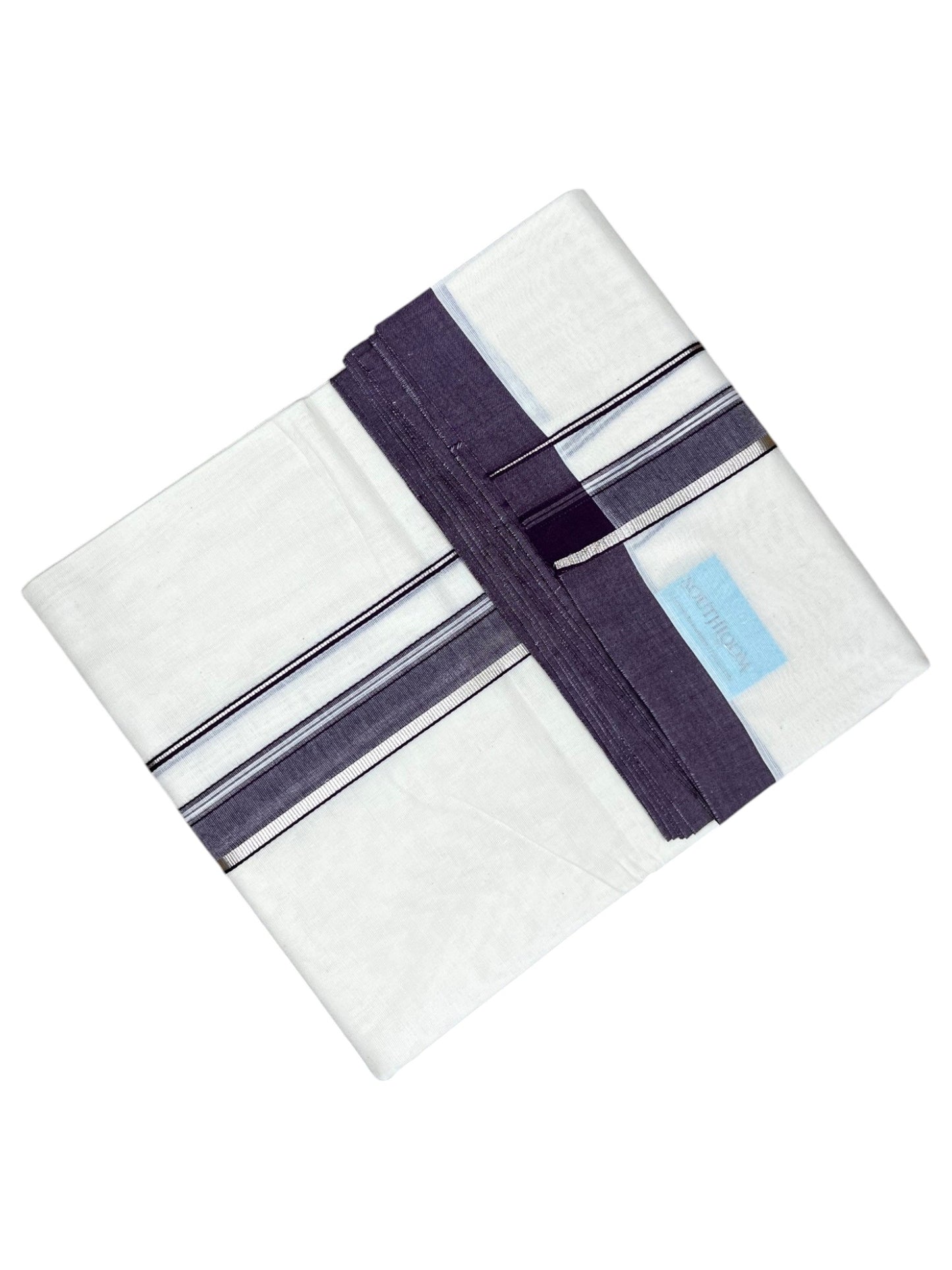 Southloom Pure Cotton Mundu with Silver Lines and Purple Border (South Indian Kerala Dhoti)