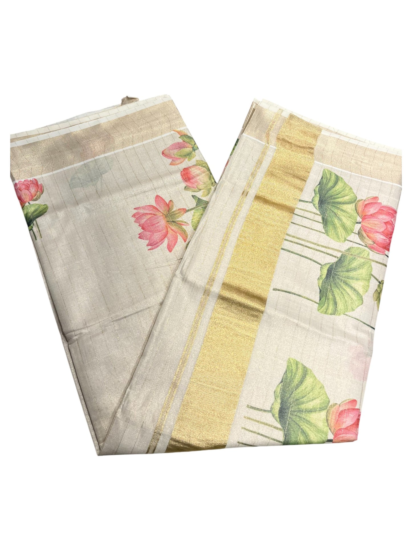 Southloom Kerala Lines Tissue Lotus Print Kasavu Saree