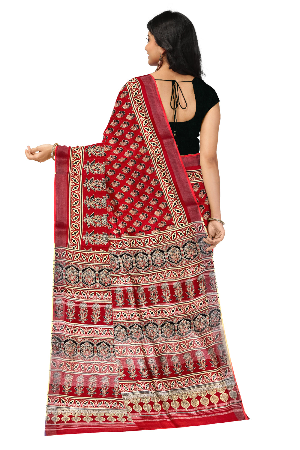 Southloom Linen Red Designer Saree with Floral Prints on Body