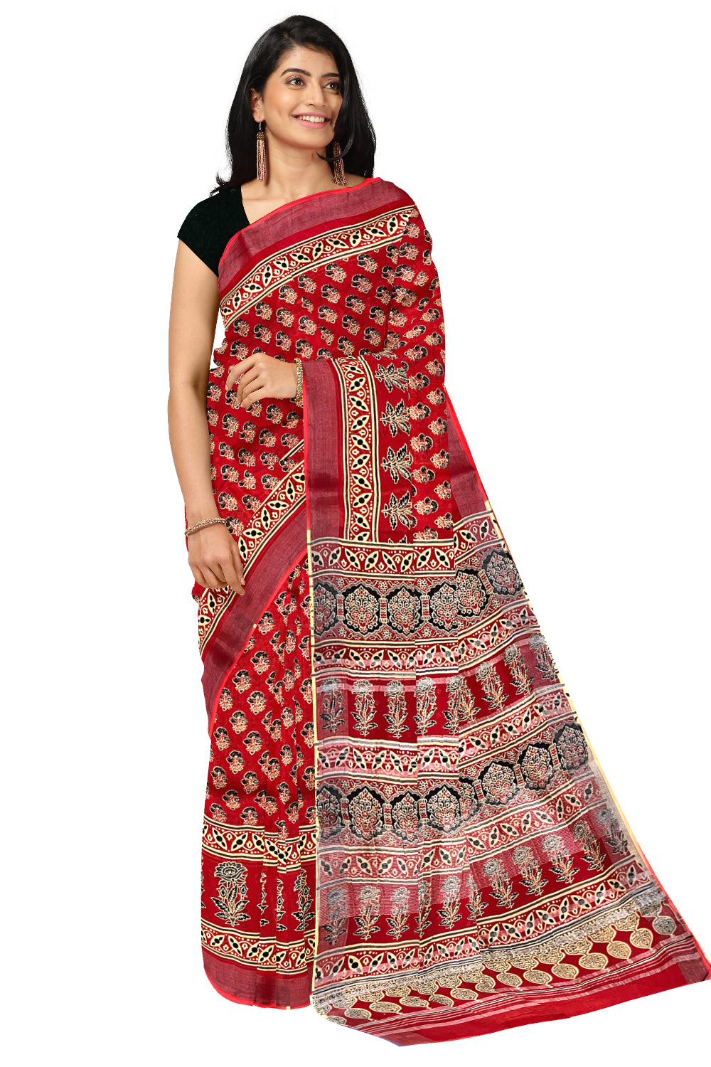 Southloom Linen Red Designer Saree with Floral Prints on Body