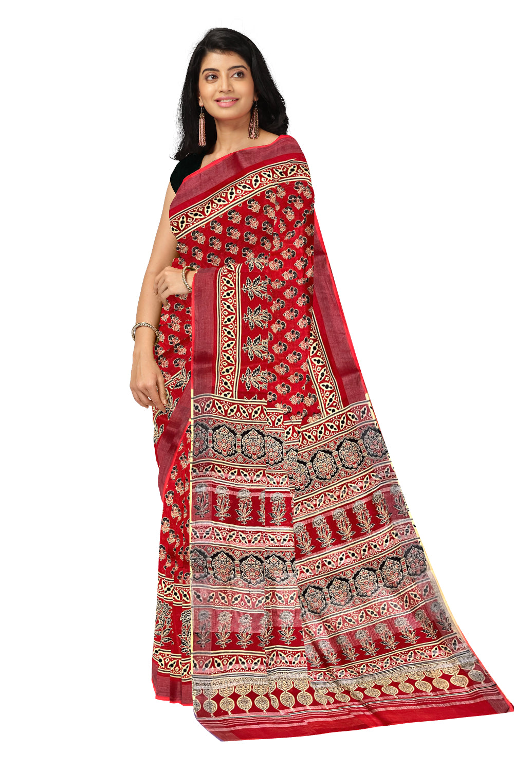 Southloom Linen Red Designer Saree with Floral Prints on Body