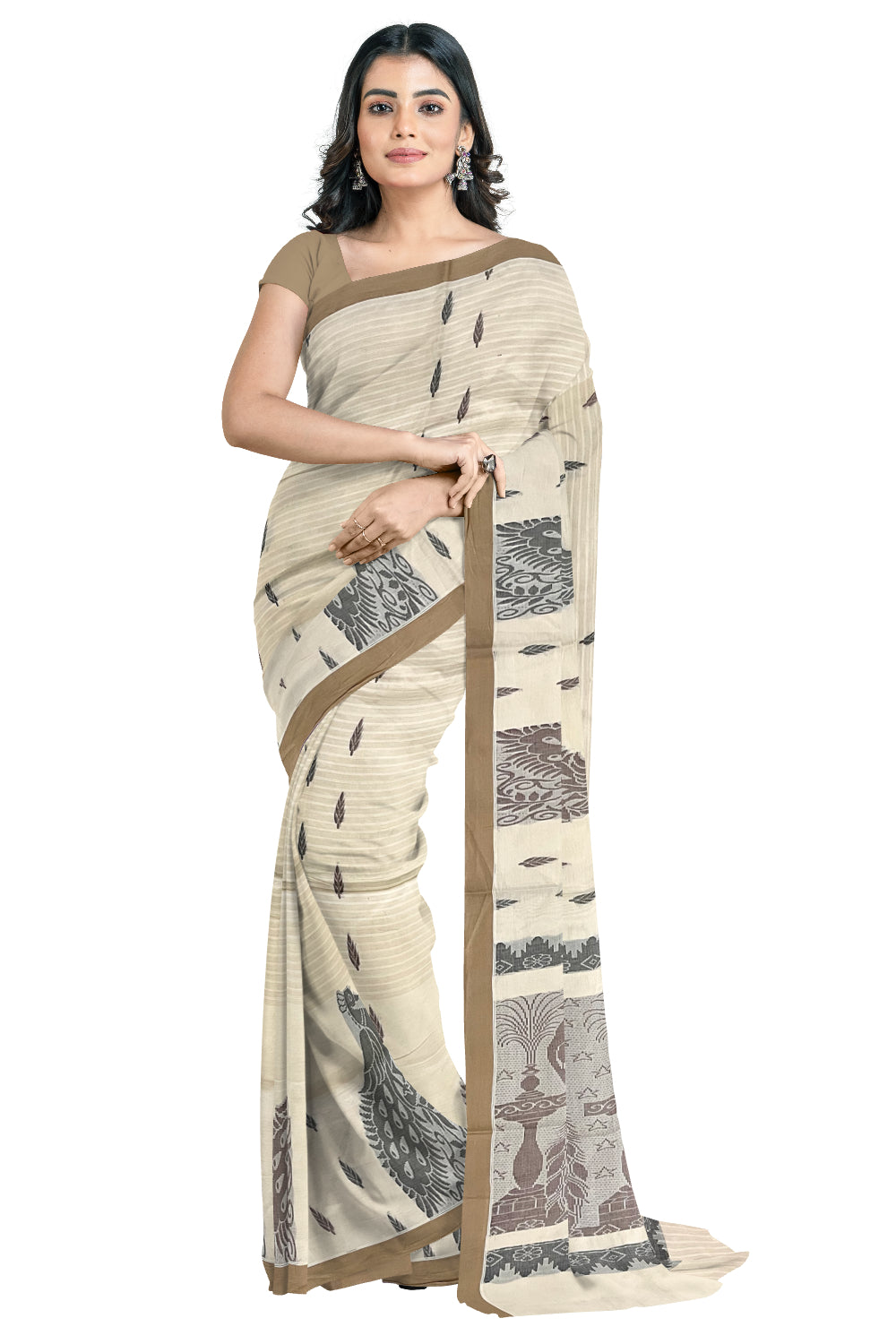 Southloom Light Brown Cotton Saree with Peacock Woven Designs