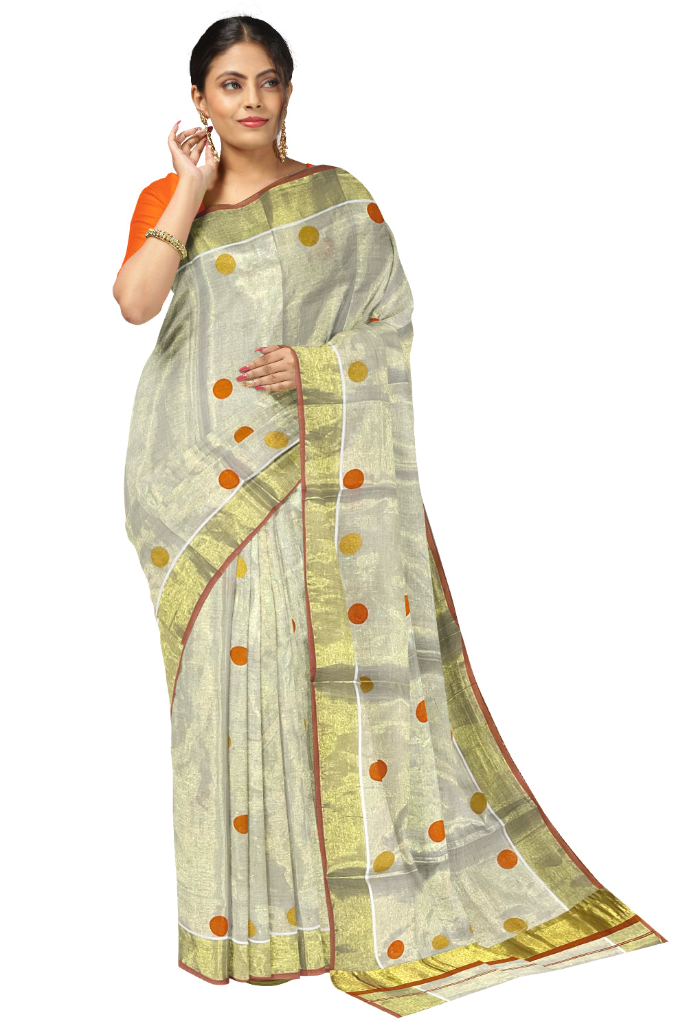 Kerala Tissue Kasavu Saree with Orange and Golden Polka Prints and Tassels Works