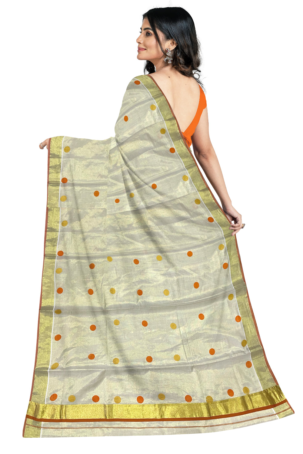 Kerala Tissue Kasavu Saree with Orange and Golden Polka Prints and Tassels Works