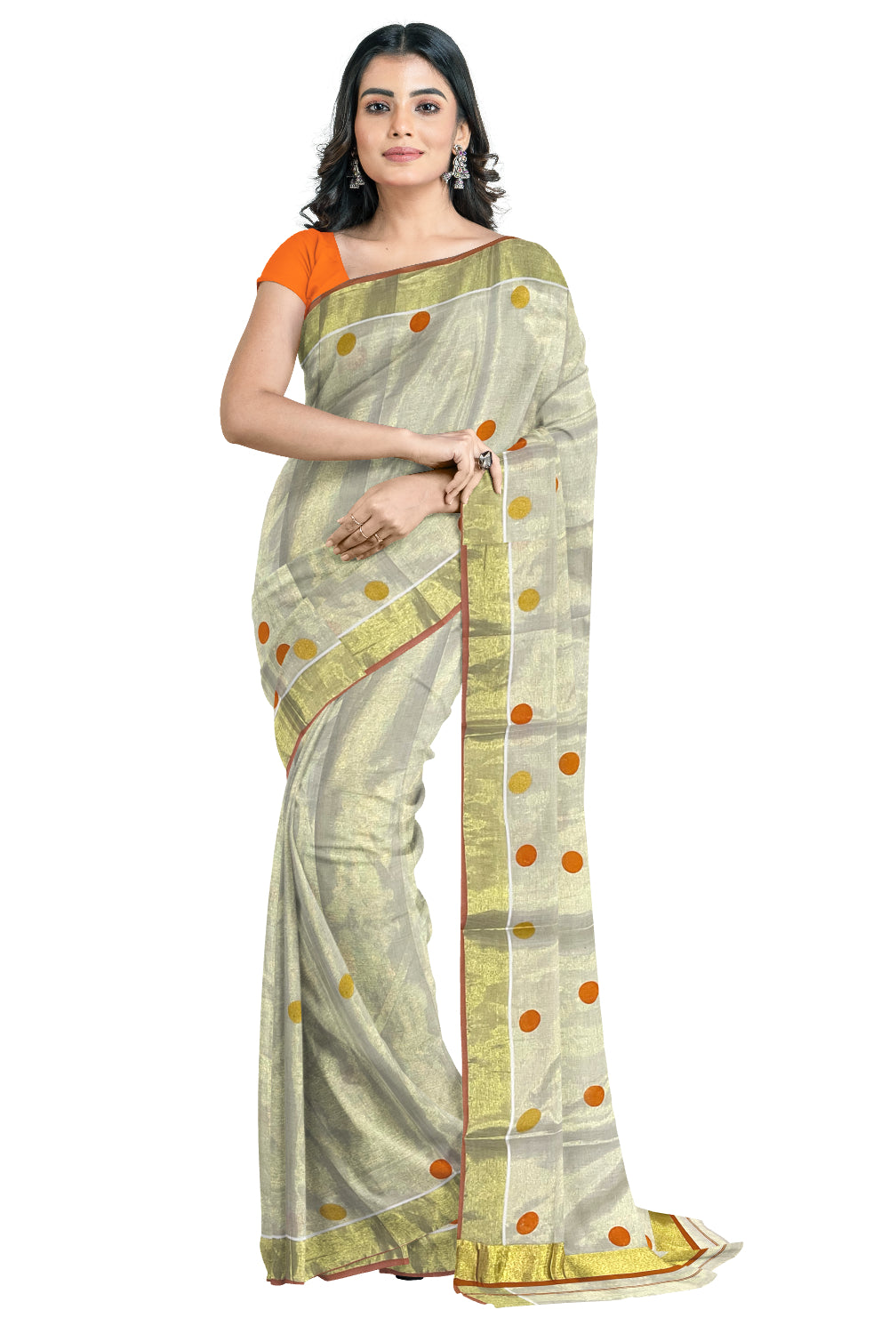 Kerala Tissue Kasavu Saree with Orange and Golden Polka Prints and Tassels Works