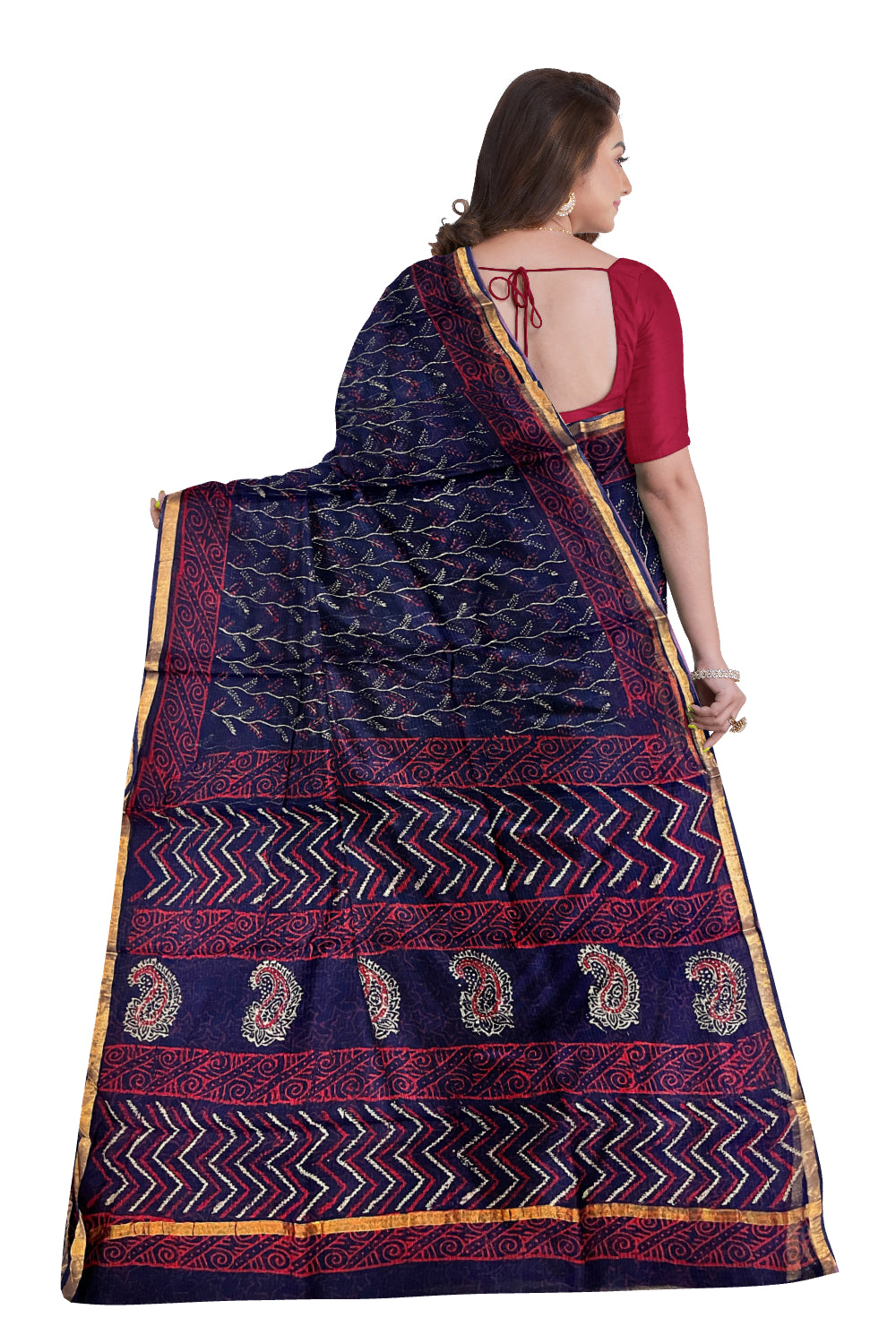 Southloom Kota Fabric Floral Printed Dark Blue Saree