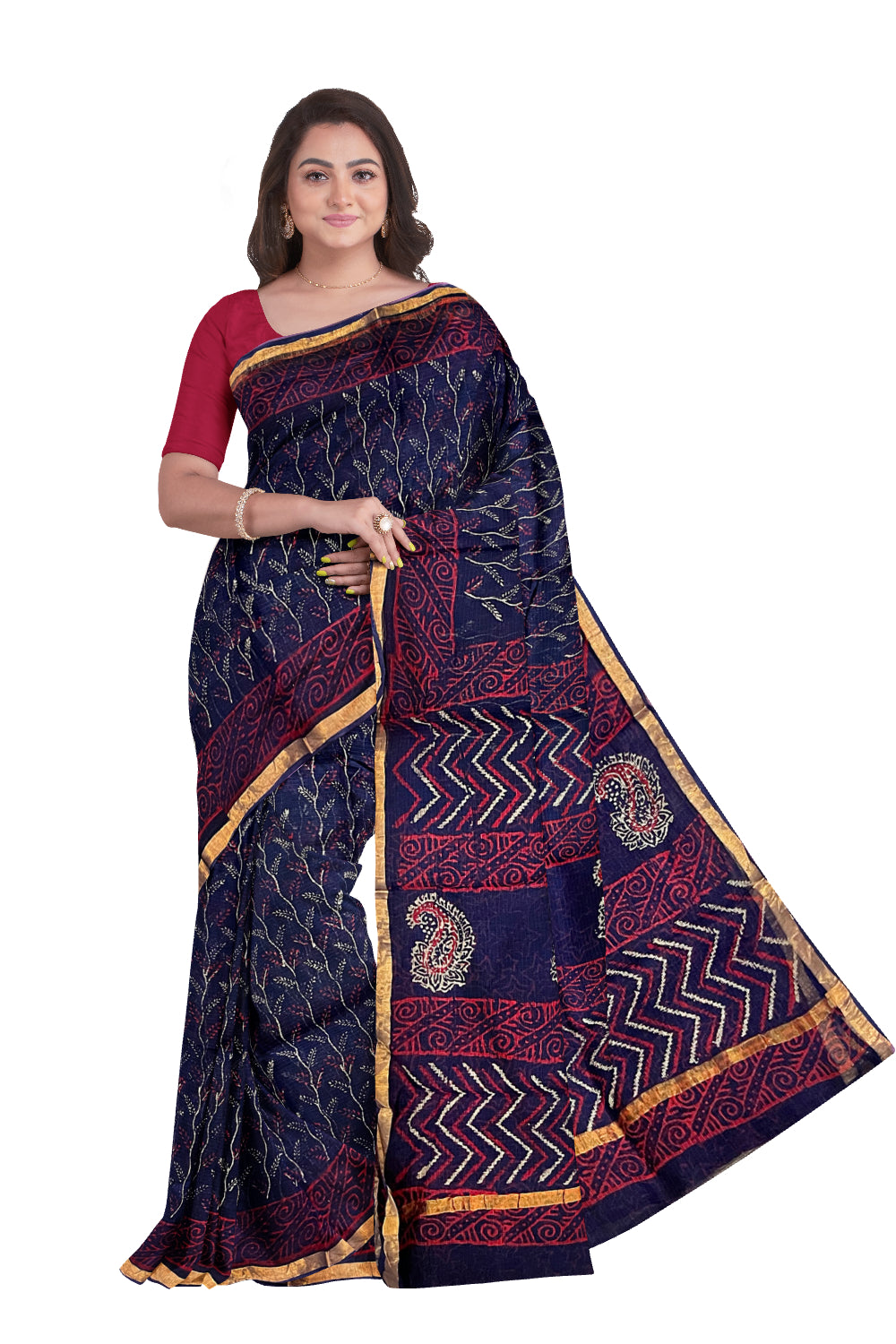 Southloom Kota Fabric Floral Printed Dark Blue Saree