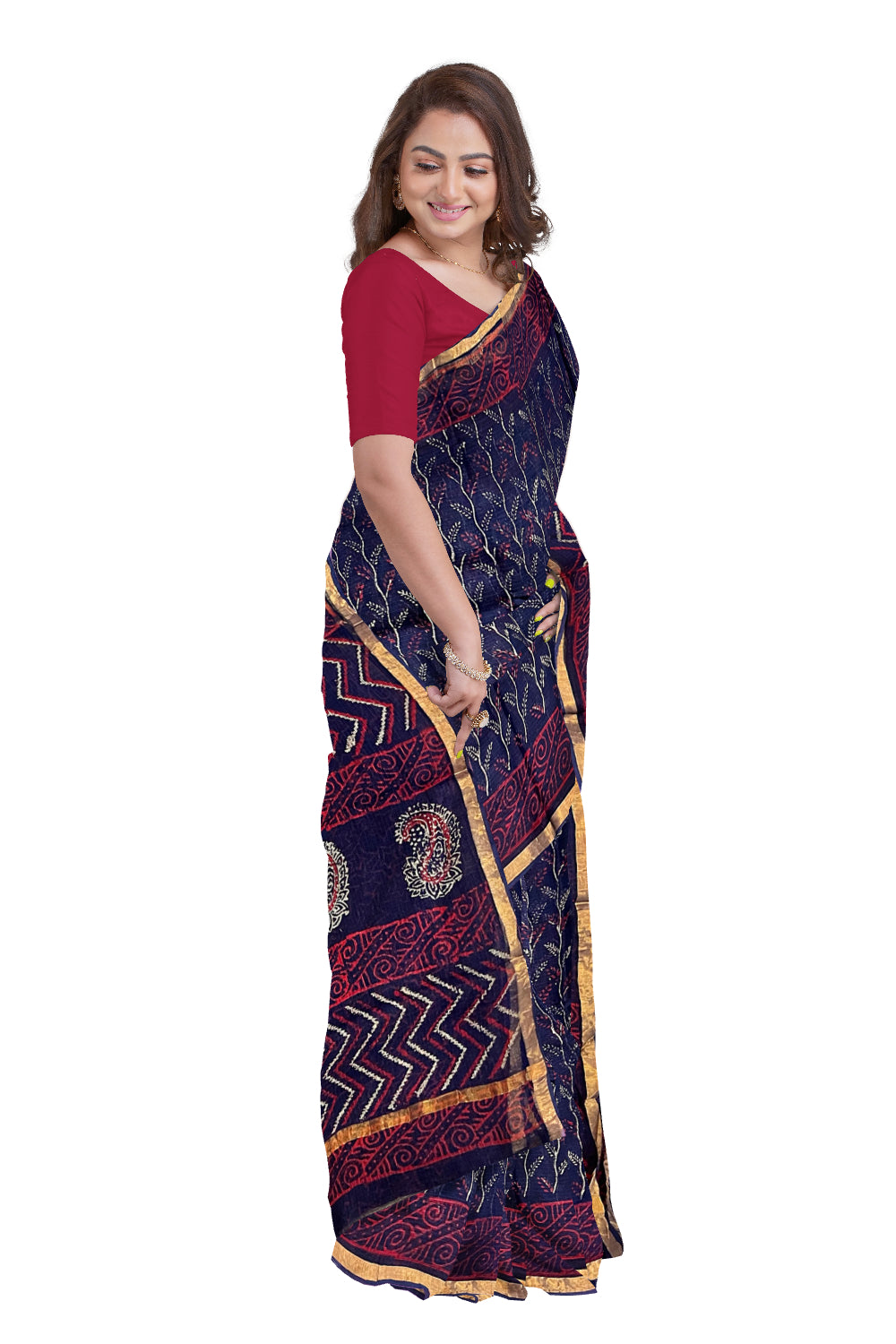 Southloom Kota Fabric Floral Printed Dark Blue Saree