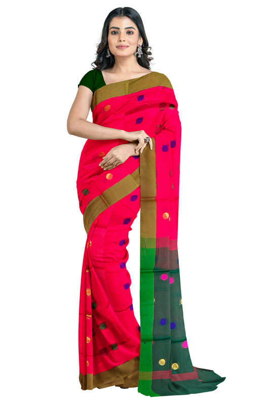 Southloom Cotton Pinkish Magenta Saree with Polka Woven Designs and Green Border
