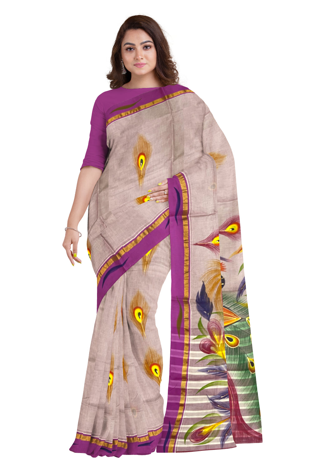 Kerala Cotton Kasavu Saree with Brush Painted Floral Designs and Magenta Border