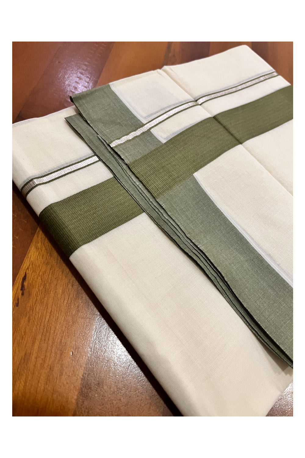 Pure Cotton Double Mundu with Silver Kasavu and Olive Green Border (South Indian Kerala Dhoti)