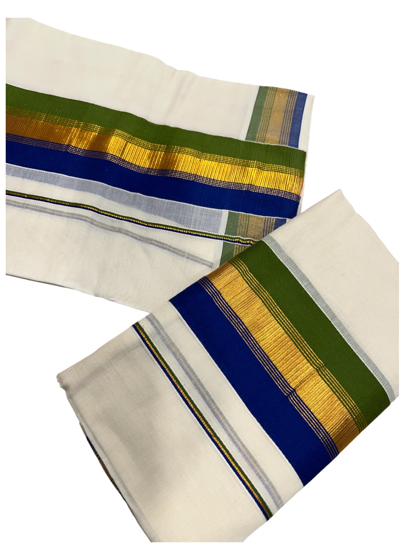 Kerala Cotton Kasavu Set Mundu (Mundum Neriyathum) with Blue and Green Border