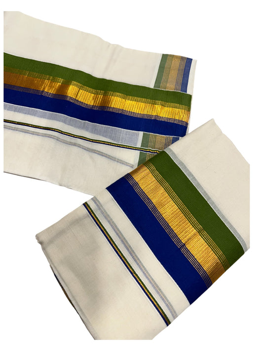 Kerala Cotton Kasavu Set Mundu (Mundum Neriyathum) with Blue and Green Border
