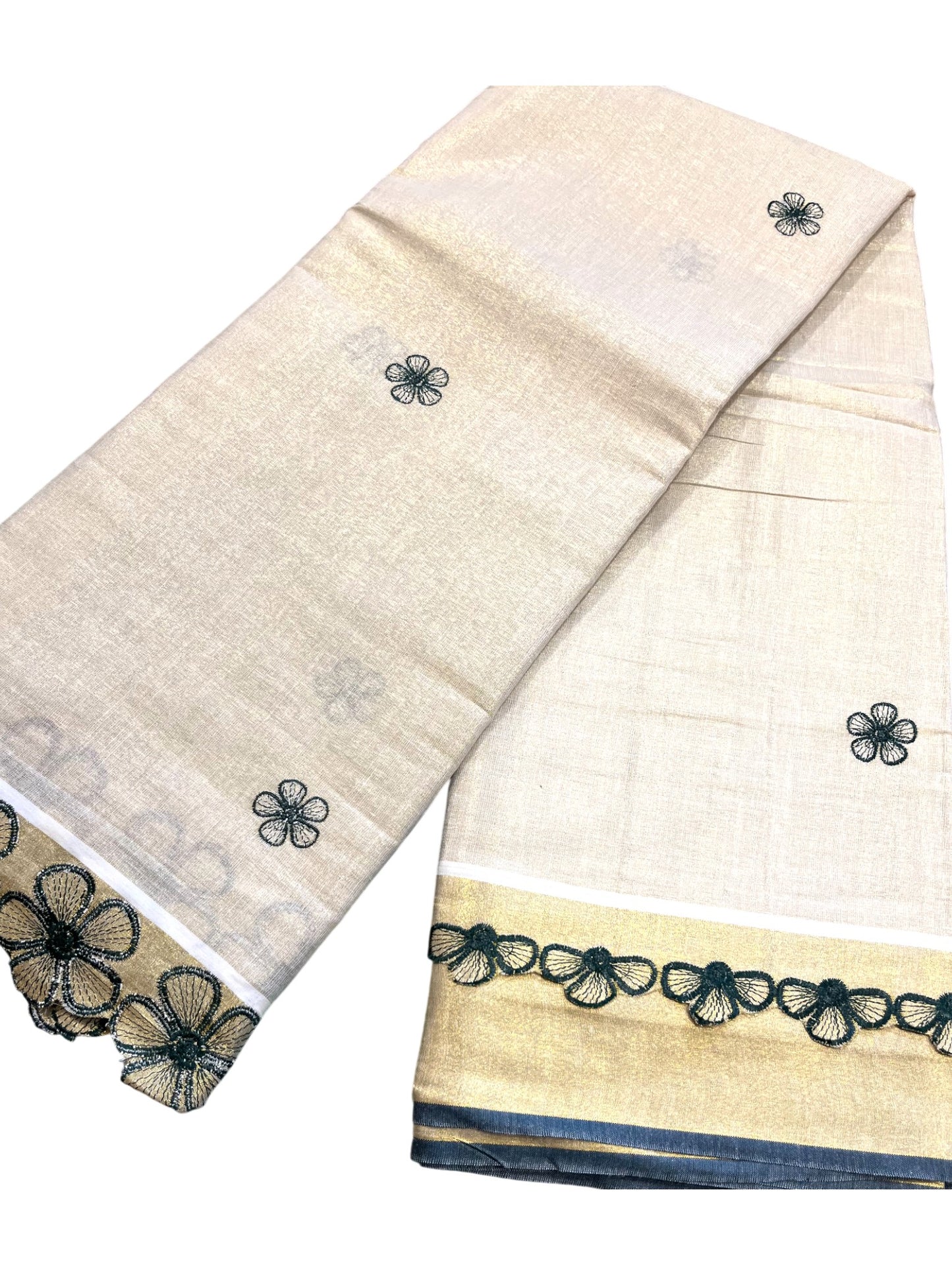 Southloom Kerala Tissue Kasavu Saree with Green Floral Embroidery on Body and Border