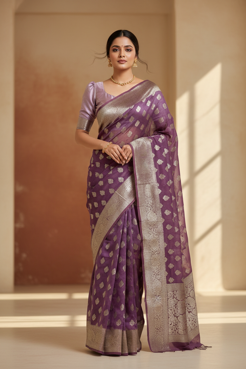Southloom Cotton Banarasi Silk Saree with Woven Work on Body and Borders (Lavender)